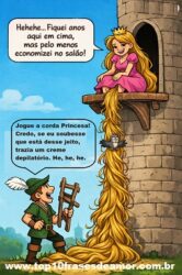 Jogue a corda Princesa! - Ilustração cômica de uma princesa sentada no topo de uma torre de pedra, com o cabelo extremamente longo descendo até o chão. Um homem vestido como herói medieval segura uma escada quebrada e olha para cima, pedindo: “Jogue a corda, princesa!”. A princesa ri e responde que passou anos ali, mas economizou no salão. Um passarinho está preso em seu cabelo.