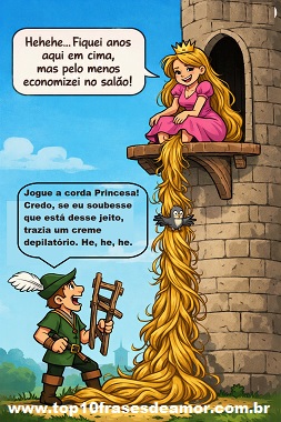 Jogue a corda Princesa! - Ilustração cômica de uma princesa sentada no topo de uma torre de pedra, com o cabelo extremamente longo descendo até o chão. Um homem vestido como herói medieval segura uma escada quebrada e olha para cima, pedindo: “Jogue a corda, princesa!”. A princesa ri e responde que passou anos ali, mas economizou no salão. Um passarinho está preso em seu cabelo.