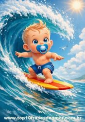 Parabéns Bebê - Imagem ilustrativa de um boneco com chupeta na boca surfando.