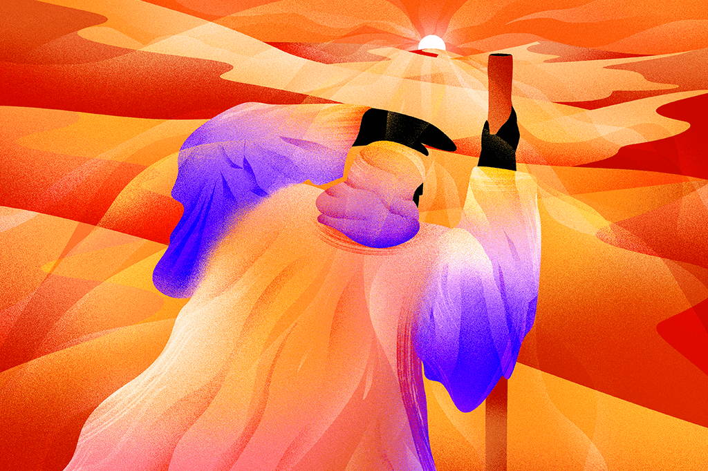 A química da felicidade Ilustração de uma pessoa passando por uma tempestade de areia no deserto.