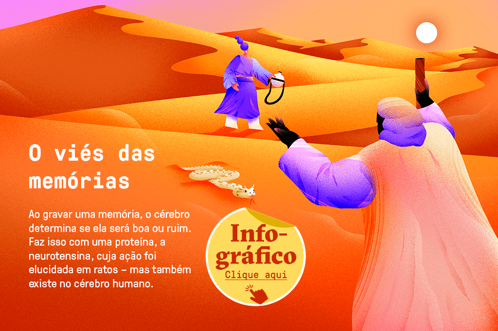 A química da felicidade Ilustração de uma pessoa encontrando uma pessoa que lhe oferece água no deserto e, perto dessa pessoa, há uma cobra.