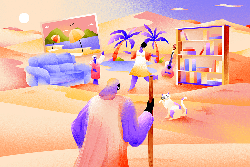 A química da felicidade Ilustração da pessoa chegando ao oásis da miragem, que além de água e sombra também tem um sofá, uma estante cheia de livros, duas pessoas, um gato, um violão e o quadro de uma paisagem.
