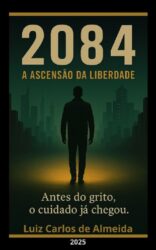 Imagem de capa do livro 2084: A Ascensão da Liberdade, representando uma figura espiritual em ambiente celestial, símbolo de empatia e escuta.