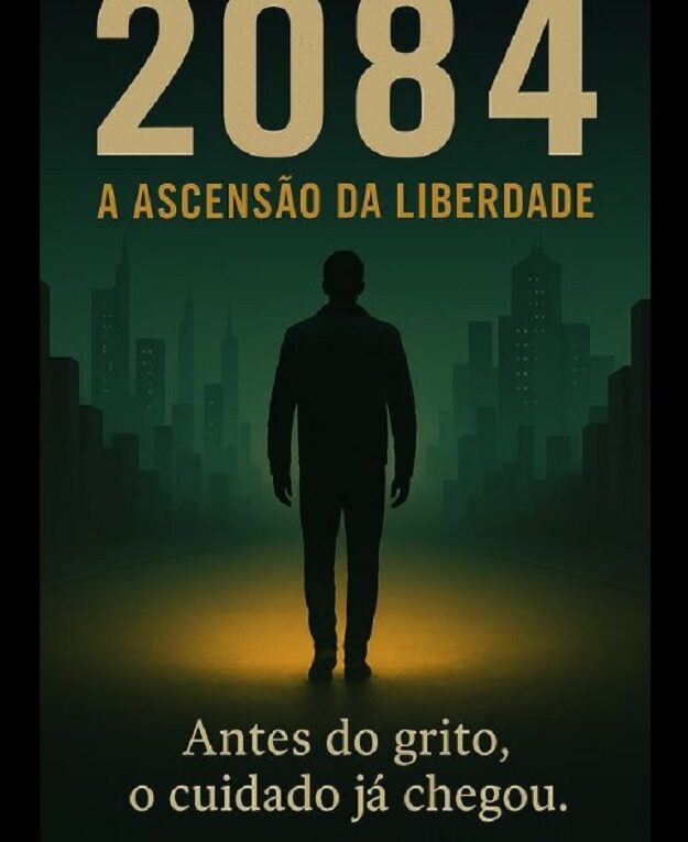 Imagem de capa do livro 2084: A Ascensão da Liberdade, representando uma figura espiritual em ambiente celestial, símbolo de empatia e escuta.