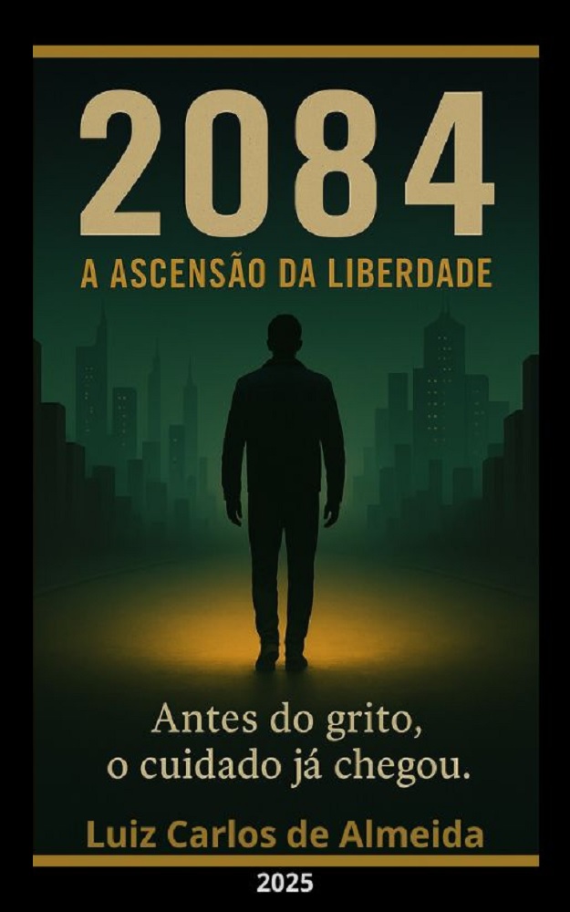 Imagem de capa do livro 2084: A Ascensão da Liberdade, representando uma figura espiritual em ambiente celestial, símbolo de empatia e escuta.