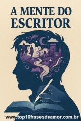 Ilustração conceitual de um escritor com a mente repleta de ideias: personagens, paisagens imaginárias, símbolos literários e elementos surreais emergem de sua cabeça enquanto escreve em um caderno aberto. Representa o processo criativo do escritor e a origem das histórias.