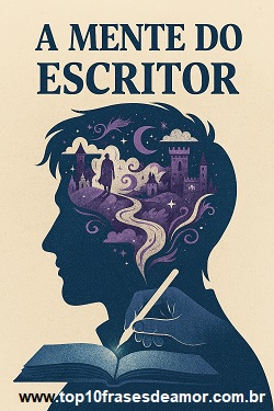 Ilustração conceitual de um escritor com a mente repleta de ideias: personagens, paisagens imaginárias, símbolos literários e elementos surreais emergem de sua cabeça enquanto escreve em um caderno aberto. Representa o processo criativo do escritor e a origem das histórias.