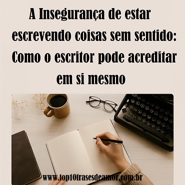 "Ilustração de um escritor sentado à mesa, com expressão pensativa e determinada. Ao redor, livros, papéis e uma xícara de café simbolizam o processo criativo. Raios de luz atravessam a cena, representando confiança na escrita e superação da insegurança."