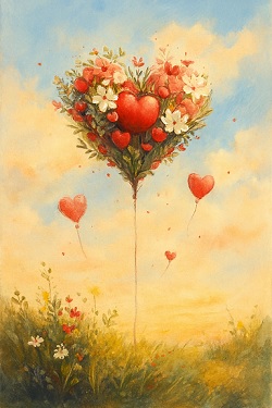 Imagem com coração vermelho rodeado por frases de amor manuscritas sobre fundo claro e delicado