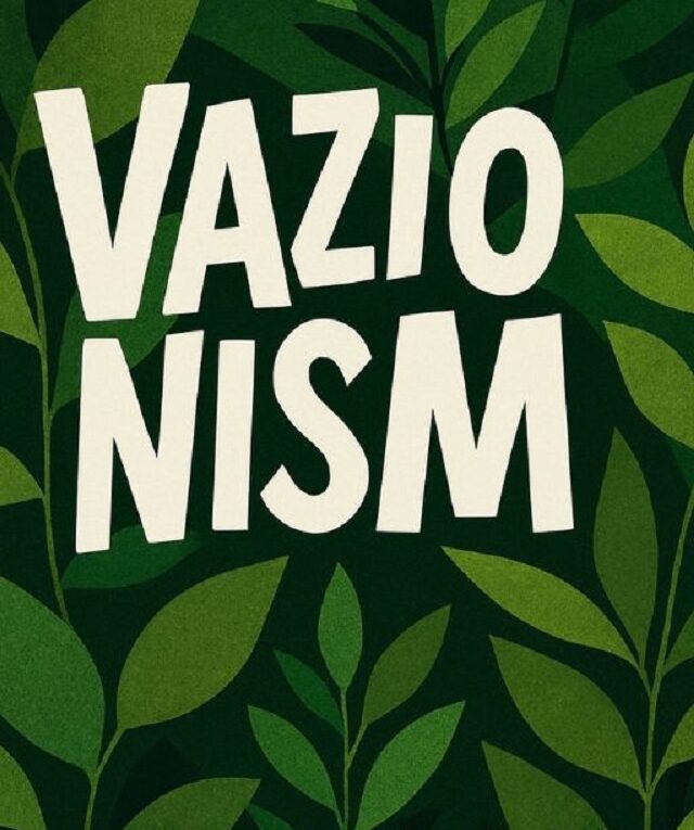 Book cover of “Vazionism” by Luiz Carlos de Almeida. Background with stylized green leaves, bold white title centered, author’s name in light green handwritten font below, and the year 2026 in white at the bottom.