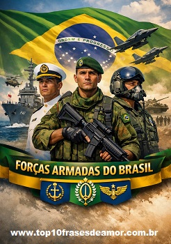 Forças Armadas – Ilustração mostrando militares brasileiros da Marinha, do Exército e da Aeronáutica diante da bandeira do Brasil, simbolizando união e patriotismo.