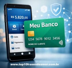 Bancos Digitais Bancos Digitais — smartphone exibindo aplicativo bancário com saldo e ícones de transações, e cartão verde com o texto “Meu Banco”, simbolizando praticidade e tecnologia financeira.