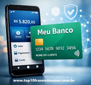 Bancos Digitais — smartphone exibindo aplicativo bancário com saldo e ícones de transações, e cartão verde com o texto “Meu Banco”, simbolizando praticidade e tecnologia financeira.