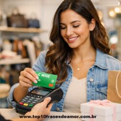 Wise account A smiling young person in a store making a payment with a green Wise card at a checkout terminal, symbolizing convenience and financial freedom.