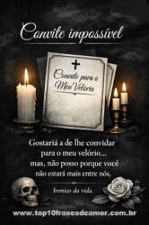 Convite Impossível Convite impossível – Cartão digital com humor ácido e irônico, mostrando convite fictício para velório com velas, rosa branca e elementos sombrios.
