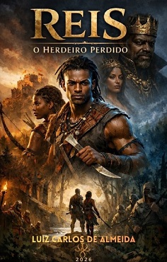 Capa do livro Reis: O Herdeiro Perdido, de Luiz Carlos de Almeida, mostrando personagens em cenário épico com guerreiros, rainhas e um castelo ao fundo, simbolizando traição, herança perdida e jornada do herdeiro.