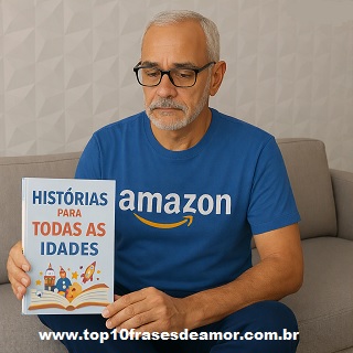 Biblioterapia na Amazon - Luiz Carlos de Almeida, escritor brasileiro contemporâneo, veste uma camisa azul com o logotipo da Amazon e segura seu livro “Histórias para Todas as Idades”. A imagem representa o autor promovendo suas obras disponíveis na Amazon, destacando o conceito de biblioterapia e leitura transformadora para todas as idades.