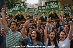 Juventude na Política Juventude na política — jovens em comício segurando cartazes com a capa do livro O Jovem Presidente, simbolizando engajamento, esperança e renovação política.