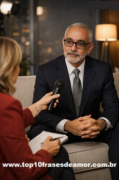 A professional author in a navy suit sits on a beige sofa during a simulated interview, speaking confidently with a female interviewer holding a microphone and notepad in a modern studio setting.