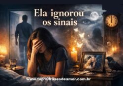 Ela ignorou os sinais — imagem ilustrando uma mulher angustiada em um quarto escuro, com elementos espirituais como relógio, lua e borboletas luminosas, simbolizando intuição e arrependimento.