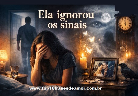 Ela ignorou os sinais — imagem ilustrando uma mulher angustiada em um quarto escuro, com elementos espirituais como relógio, lua e borboletas luminosas, simbolizando intuição e arrependimento.