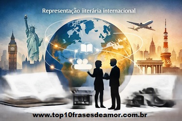 **International Representation** — Digital illustration symbolizing global literary connections. A central globe with flight paths links books, a pen, and film elements, while two silhouetted figures shake hands in front of cultural landmarks such as the Statue of Liberty, Big Ben, and Tokyo Tower, representing international publishing and creative collaboration.
