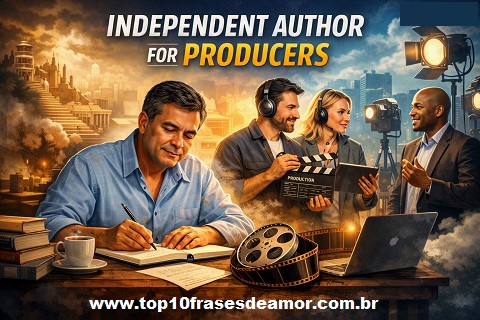 Independent Author for Producers – illustration showing an independent author writing at his desk while film producers discuss a project on a movie set, symbolizing collaboration between literature and audiovisual production.