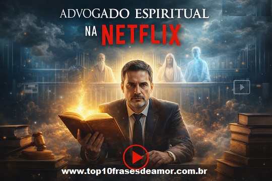 Advogado Espiritual na Netflix – imagem promocional que mistura literatura e streaming, mostrando um advogado com livro iluminado em tribunal celestial.