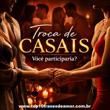 Troca de Casais — imagem sensual e elegante mostrando dois casais trocando olhares e mãos em um ambiente de luz quente e intimista, com taças de vinho e velas ao fundo. O título “Troca de Casais” aparece em destaque dourado no centro, acompanhado da frase “Você participaria?” em branco logo abaixo.
