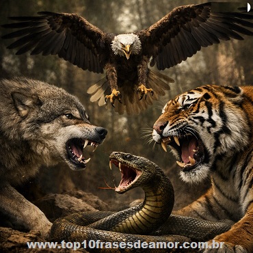 A Selva Dentro de Casa — imagem simbólica que representa o conflito entre quatro animais selvagens (lobo, tigre, águia e serpente) em uma floresta, usada como metáfora para os instintos e disputas dentro de relacionamentos familiares.