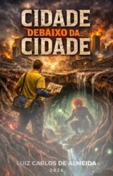 Cidade Debaixo da Cidade "Capa do livro Cidade Debaixo da Cidade, de Luiz Carlos de Almeida, mostrando um homem com mochila e mapa diante de um abismo que revela uma cidade subterrânea iluminada, contrastando com uma metrópole em chamas acima."