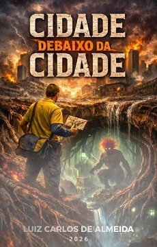 "Capa do livro Cidade Debaixo da Cidade, de Luiz Carlos de Almeida, mostrando um homem com mochila e mapa diante de um abismo que revela uma cidade subterrânea iluminada, contrastando com uma metrópole em chamas acima."
