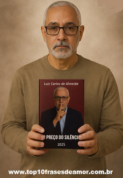 Luiz C de Almeida na Amazon - Retrato do autor Luiz Carlos de Almeida segurando nas mãos seu livro “O Preço do Silêncio”. Ele aparece com expressão séria e olhar direto, vestindo uma camisa de tom oliva, diante de um fundo neutro. A capa do livro, em vermelho escuro, mostra o próprio autor com o dedo indicador sobre os lábios, simbolizando o tema de silêncio e introspecção presente na obra.