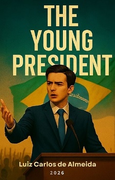 Promotional poster for The Young President (2026) by Luiz Carlos de Almeida, featuring a young leader in a blue suit speaking at a podium with the Brazilian flag in the background, symbolizing youth, politics, and leadership.