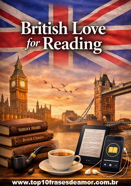 British Love for Reading — composite image featuring the Union Jack flag, Big Ben, and Tower Bridge at sunset, with a stack of classic British books including Sherlock Holmes, an e‑reader, a smartphone displaying an audiobook, and a cup of tea, symbolizing the blend of traditional and digital reading culture in the United Kingdom.