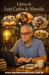 Libros de Luiz Carlos de Almeida Libros de Luiz Carlos de Almeida — El autor brasileño sentado en su escritorio escribiendo en su laptop, rodeado de libros, una lámpara encendida y globos de ideas que representan su proceso creativo.