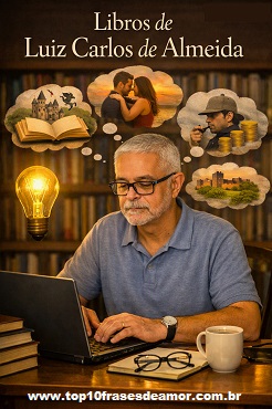 Libros de Luiz Carlos de Almeida — El autor brasileño sentado en su escritorio escribiendo en su laptop, rodeado de libros, una lámpara encendida y globos de ideas que representan su proceso creativo.