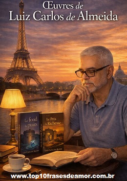 Illustration promotionnelle des Œuvres de Luiz Carlos de Almeida, auteur brésilien reconnu. Vue parisienne avec la Tour Eiffel et le Pont Alexandre III au crépuscule, l’auteur lisant à une table avec ses romans Le fond du puits et Le Prix de la Richesse, symbolisant la littérature brésilienne entre suspense, mystère et romans contemporains.