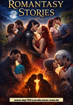 Romantasy Stories book cover illustration featuring diverse romantic tropes by Luiz Carlos de Almeida: a fantasy couple under the moon, a Scottish romance pair in the highlands, a college couple on campus, a curvy girl romance embrace, a hockey romance moment, and an enemies to lovers slow burn scene.