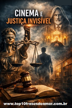 Imagem conceitual de Cinema e Justiça Invisível com estátua da Justiça vendada, juiz espiritual, gavel e corredor de prisão, simbolizando fé, lei e crítica social.