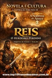 Imagem promocional do artigo “Novela é Cultura: A inspiração por trás de Reis: O Herdeiro Perdido”. A parte superior mostra um casal elegante em um salão dourado, representando a novela A Nobreza do Amor. A parte inferior retrata um príncipe guerreiro africano e um vilão encapuzado diante de reinos em chamas, simbolizando o livro Reis: O Herdeiro Perdido. O design combina elementos de novela e fantasia africana, destacando temas de poder, justiça e traição.