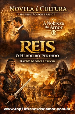Imagem promocional do artigo “Novela é Cultura: A inspiração por trás de Reis: O Herdeiro Perdido”. A parte superior mostra um casal elegante em um salão dourado, representando a novela A Nobreza do Amor. A parte inferior retrata um príncipe guerreiro africano e um vilão encapuzado diante de reinos em chamas, simbolizando o livro Reis: O Herdeiro Perdido. O design combina elementos de novela e fantasia africana, destacando temas de poder, justiça e traição.