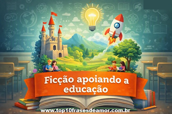 Ficção apoiando a educação – ilustração vibrante mostrando um livro aberto de onde surgem elementos de fantasia e aprendizado, como castelo, foguete e crianças lendo, simbolizando a união entre literatura e ensino.