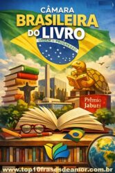 Câmara Brasileira do Livro Ilustração da Câmara Brasileira do Livro com livros, bandeira do Brasil e troféu Jabuti, simbolizando a valorização da leitura e da cultura literária nacional.