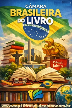Ilustração da Câmara Brasileira do Livro com livros, bandeira do Brasil e troféu Jabuti, simbolizando a valorização da leitura e da cultura literária nacional.