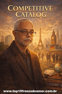 Competitive Catalog - Portrait of Luiz Carlos de Almeida, a Brazilian author, standing against a backdrop of international landmarks such as the Eiffel Tower and Big Ben. He wears glasses and a dark jacket, looking calm and determined. In the foreground, a stack of his books appears beside a globe, symbolizing his global literary reach. The title “Competitive Catalog” is displayed above him in golden letters.