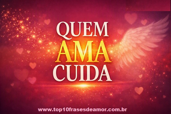 Arte digital com fundo vermelho e dourado, mostrando a frase “QUEM AMA CUIDA” em destaque. A palavra “AMA” brilha no centro, simbolizando amor e espiritualidade, com asas e luzes suaves ao redor, representando cuidado e conexão emocional.