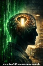 Ilustração conceitual inspirada em The Matrix e no livro Cranial Trepanation, mostrando um homem diante de códigos digitais verdes e uma abertura luminosa no crânio, simbolizando a expansão da consciência e a fronteira entre realidade e mente.
