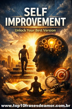 Motivational illustration for the article “Self Improvement: Unlock Your Best Version,” showing a man climbing steps toward light, a glowing brain with gears, and symbols of growth, learning, and balance.