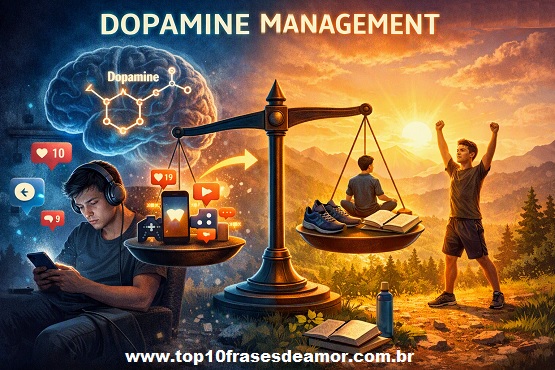 Dopamine Management: Illustration showing balance between digital overstimulation and healthy habits for focus and motivation.